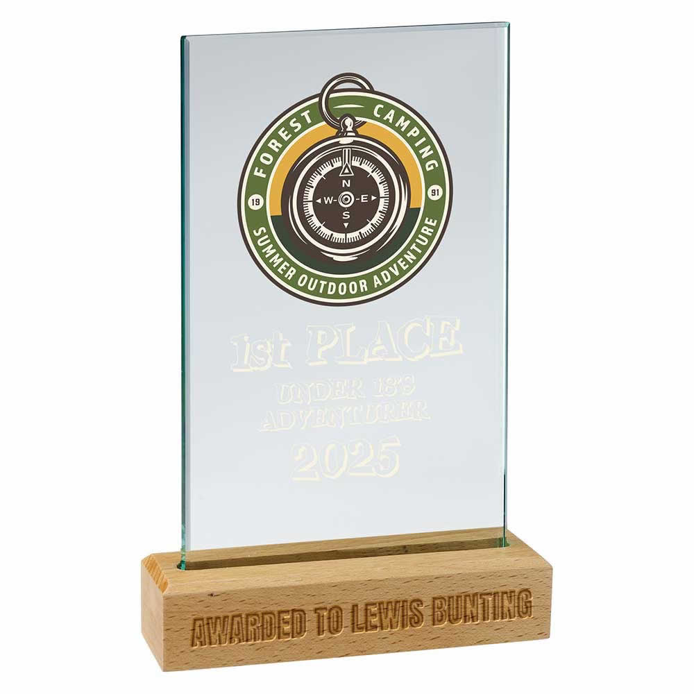 Kraken Jade Crystal Glass & Beechwood Award Corporate Trophy - Colour Printed