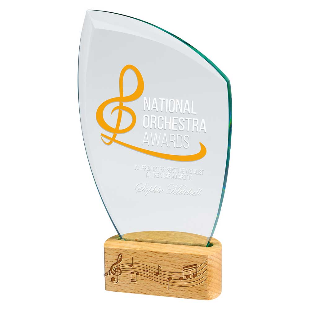 Pulse Jade Crystal Glass & Beechwood Award Corporate Trophy - Colour Printed