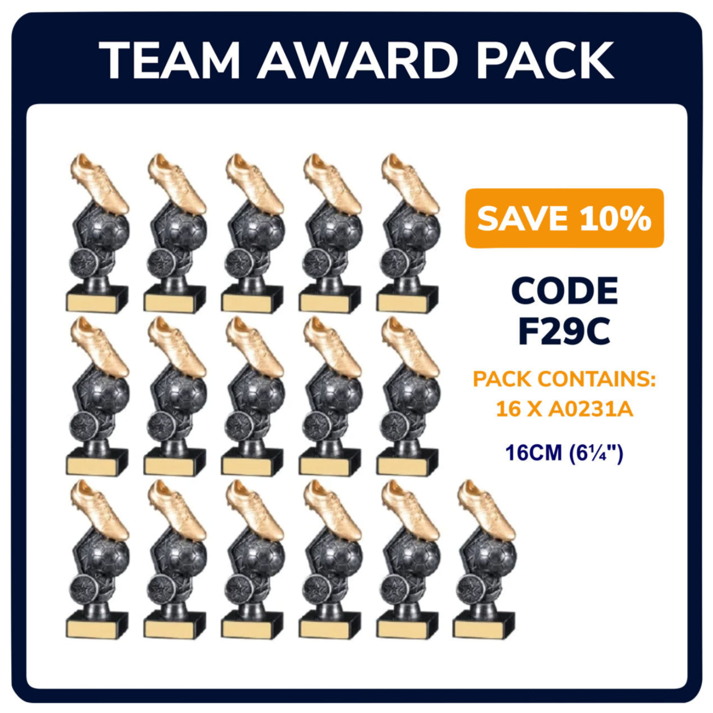 Football Gold Boot Trophy Team Awards in Black and Gold - Pack of 16