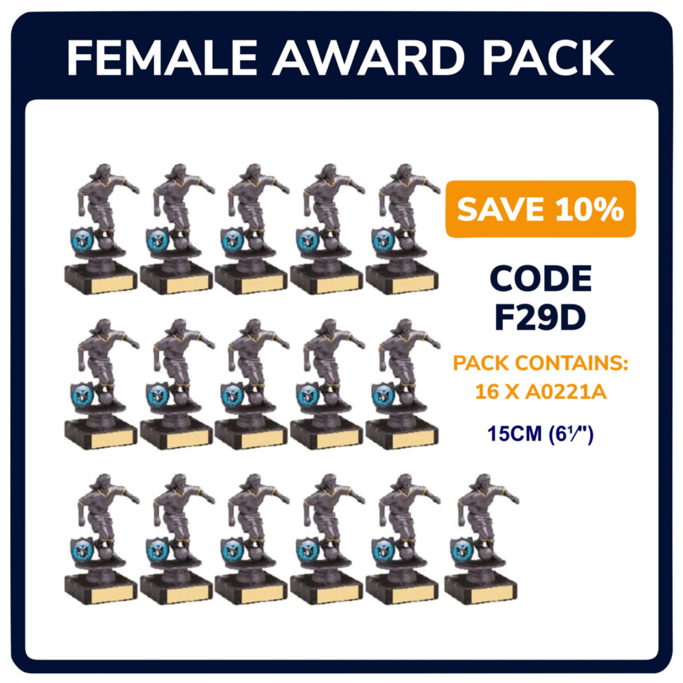 Womens Football Silver Trophies Awards - Pack of 16