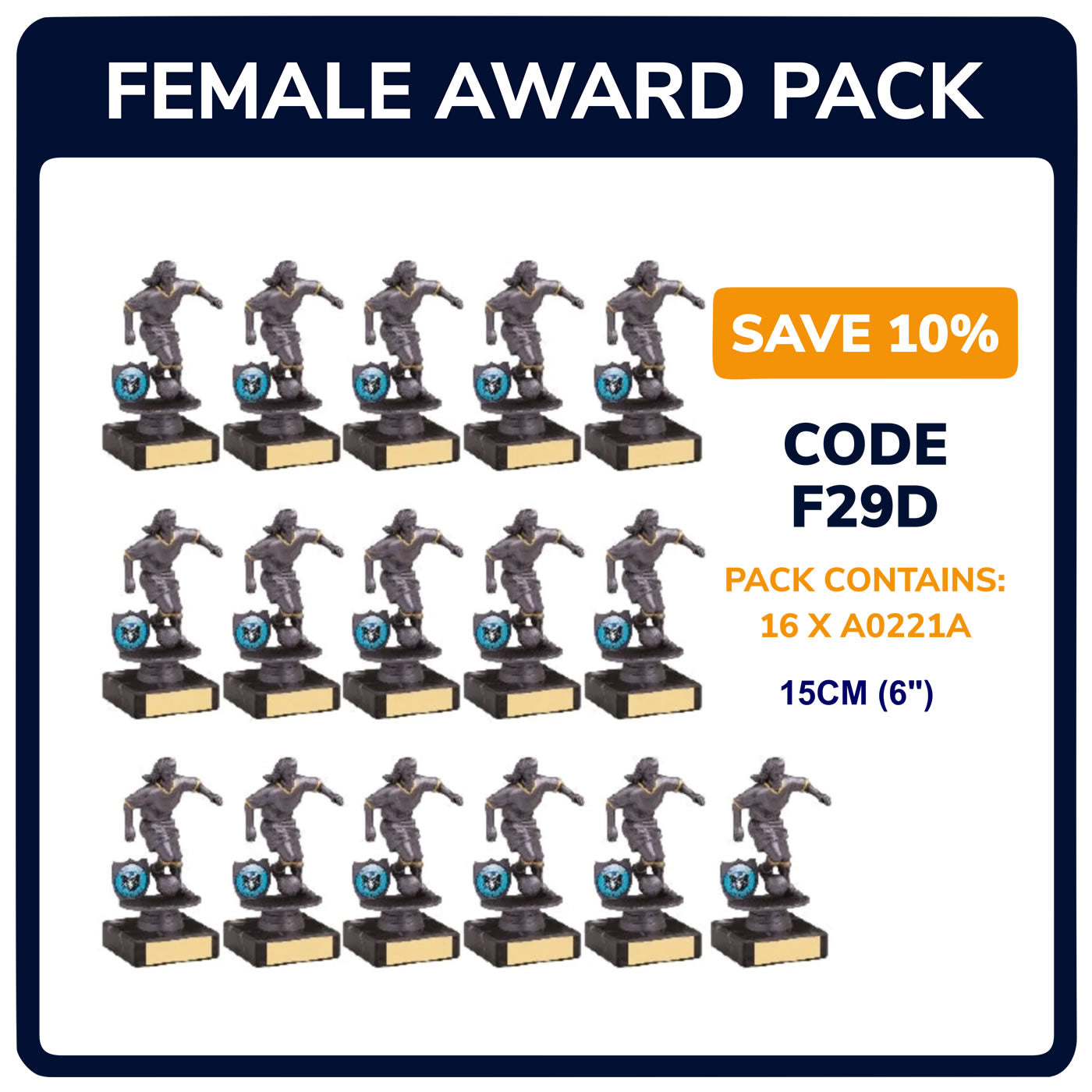 Womens Football Silver Trophies Awards - Pack of 16