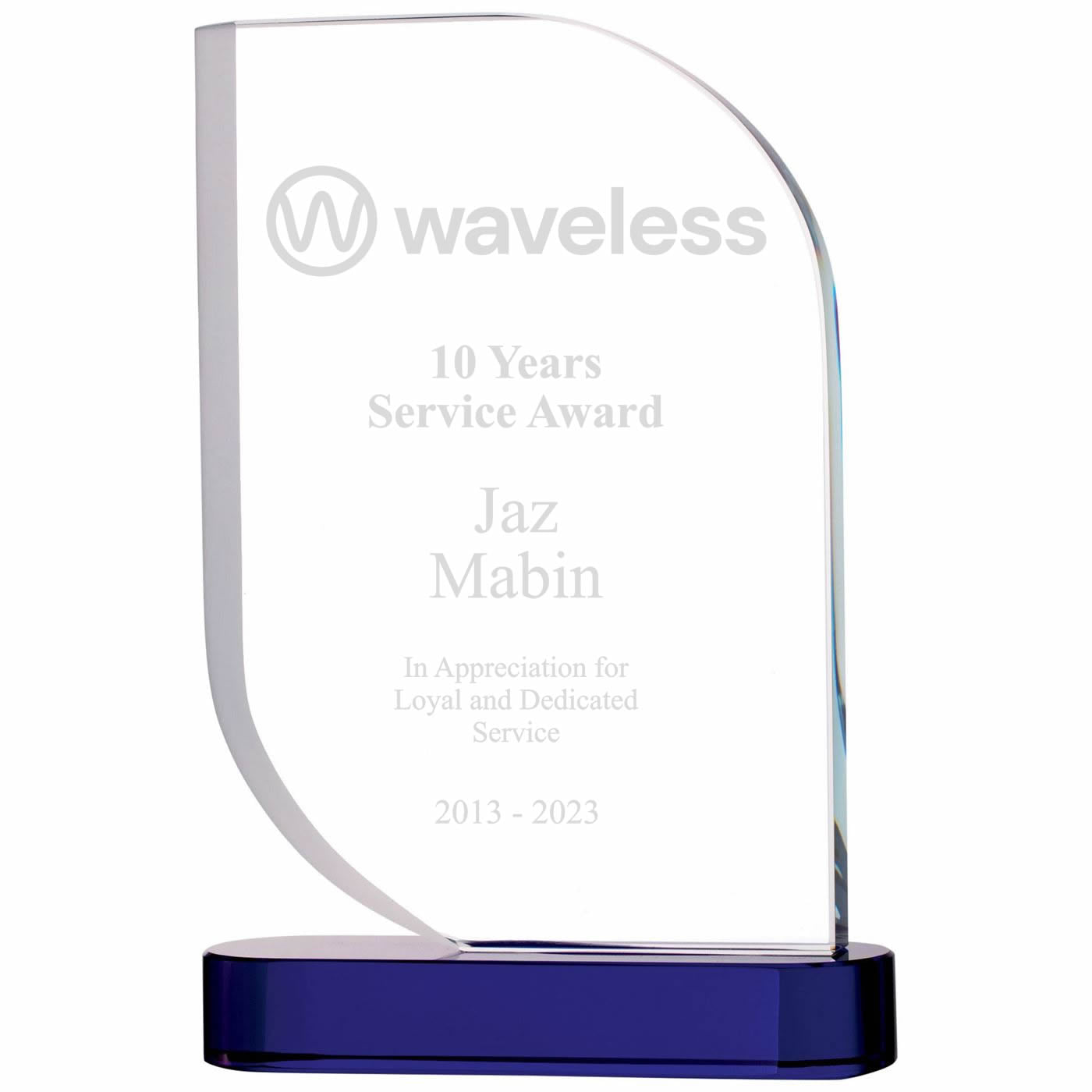 Clear Glass Trophy Award with Blue Base