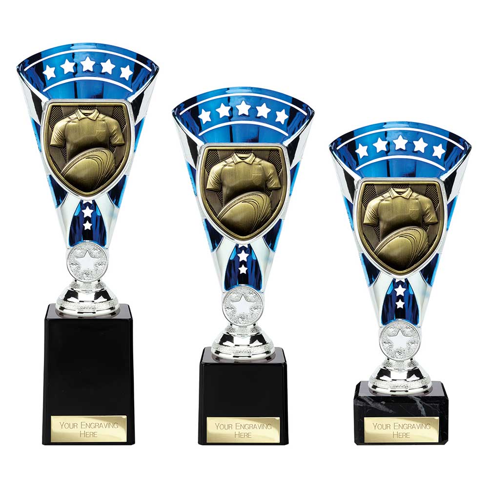 Cobra Star Cup Rugby Shirt And Ball Trophy Award Silver And Blue