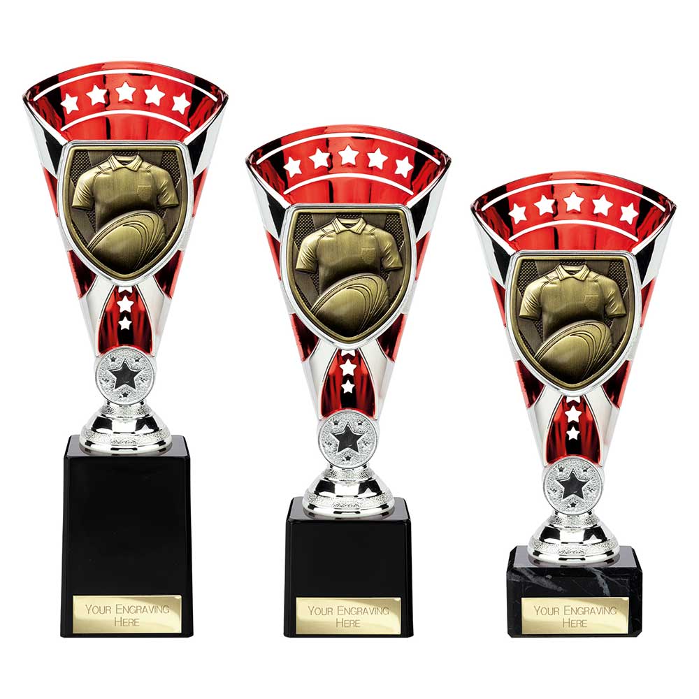 Cobra Star Cup Rugby Shirt And Ball Trophy Award Silver And Red