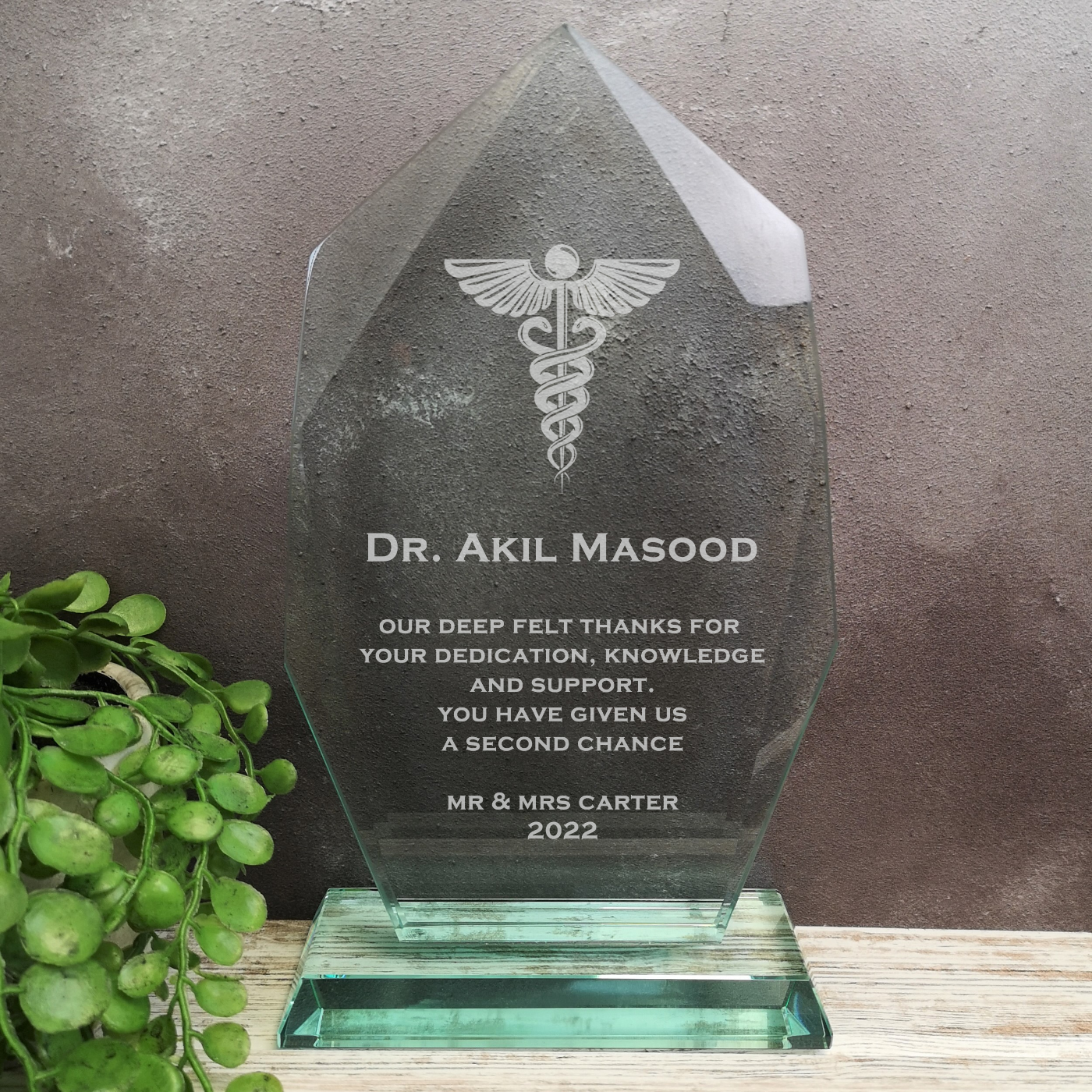 Innovate Jade Glass Doctor With Caduceus Plaque Award Trophy