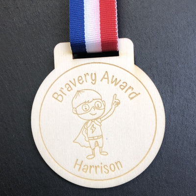 Personalised Bravery Super Boy Wooden Medal