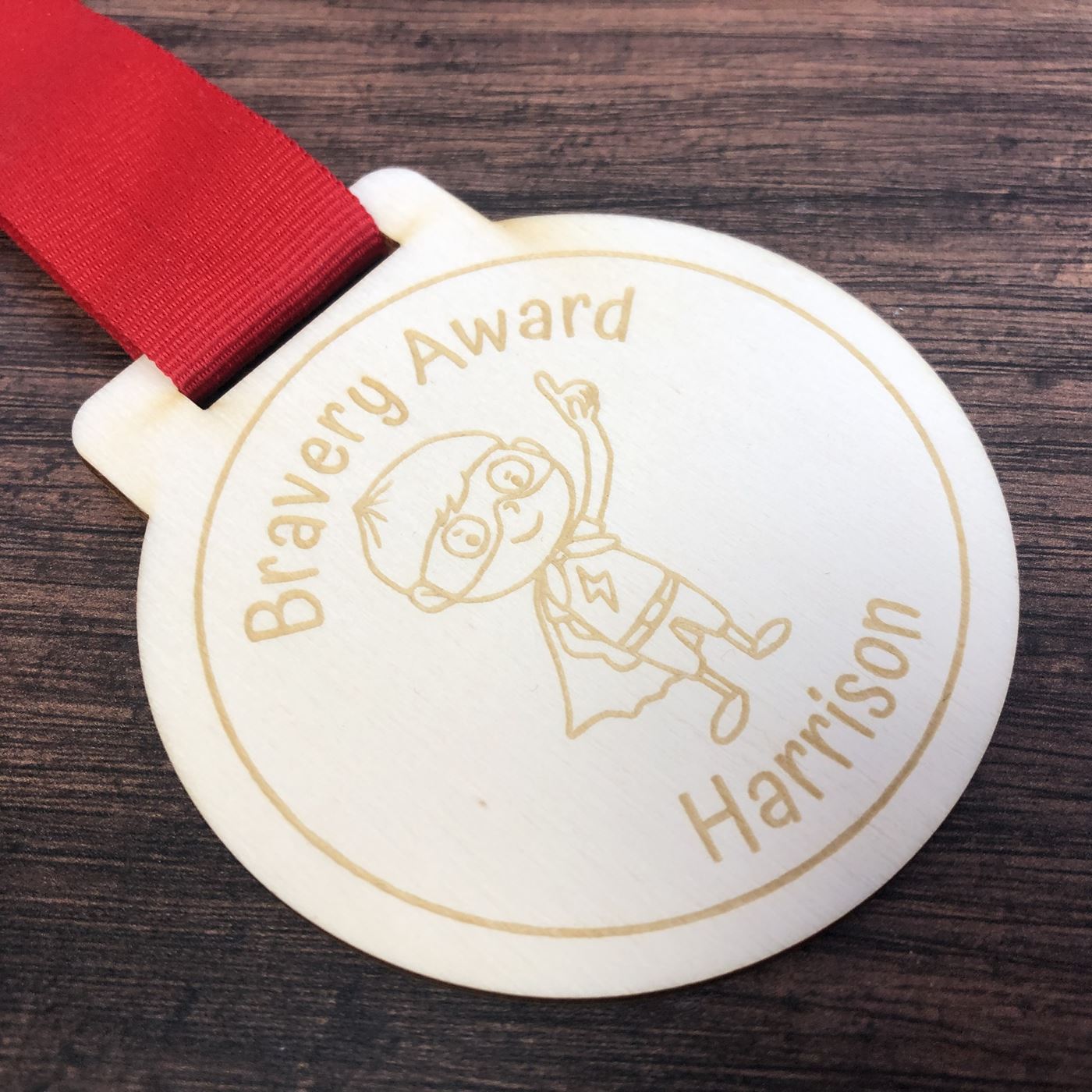 Personalised Bravery Super Boy Wooden Medal