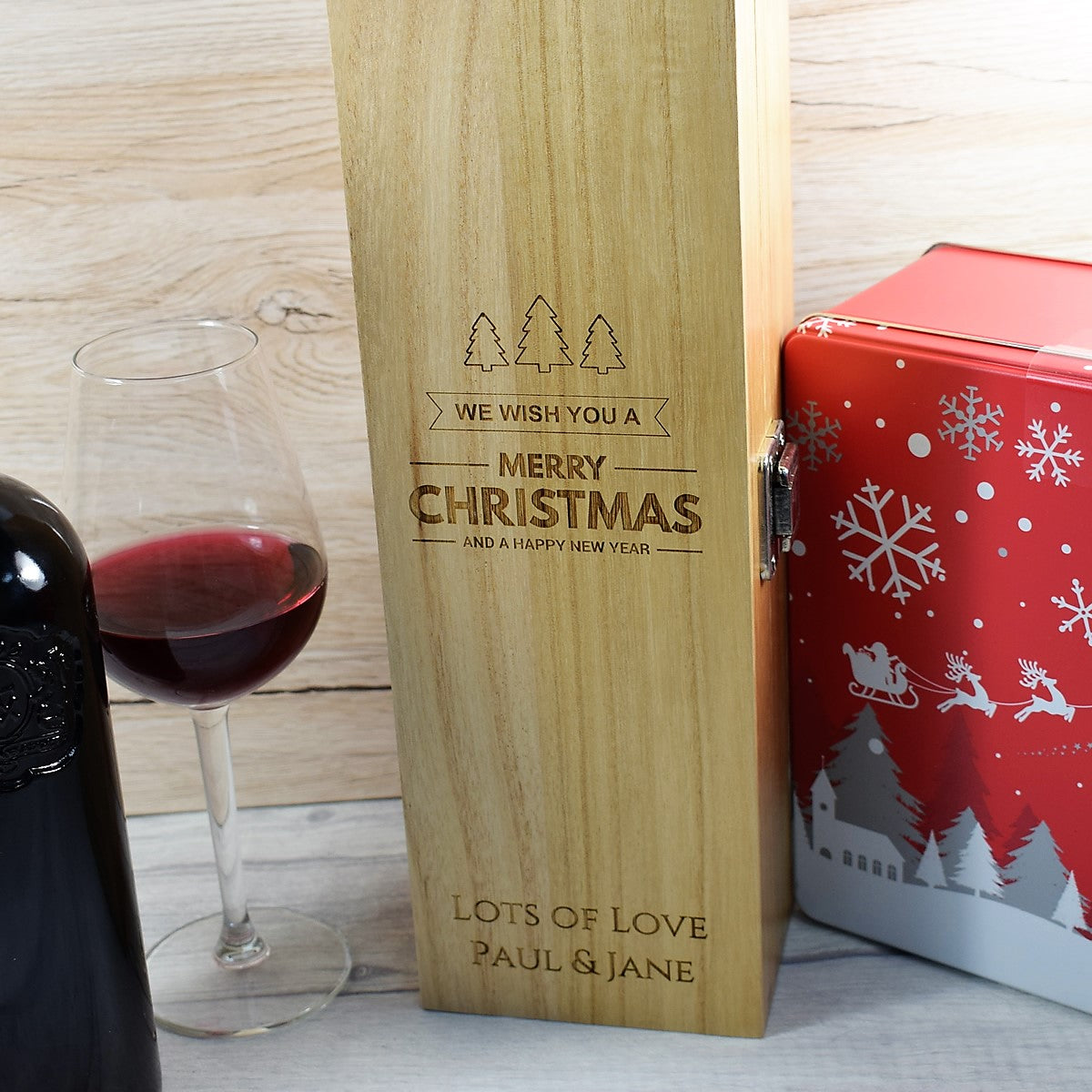 Personalised Wooden Wine Box, Christmas Wine Boxes, Engraved Wine Box - Trees