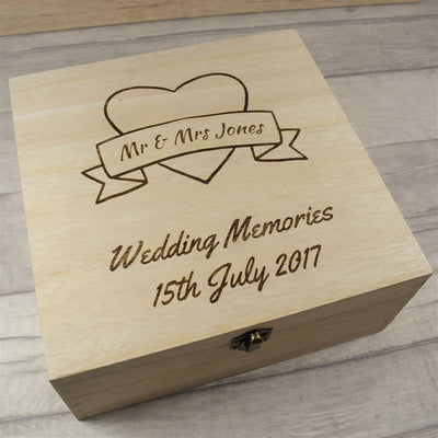 Personalised Wooden Wedding Memories Box - Heart Banner